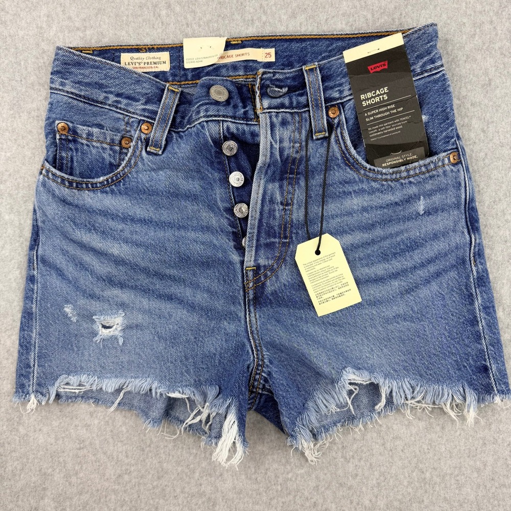 Levis Premium Ribcage Shorts Super High Rise Distressed Denim Blue 77879-0075 25